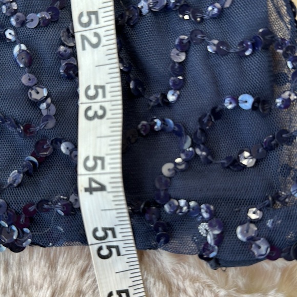 Adrianna Papell | Navy Sequin Dress with Short Sleeves & Side Split - Picture 11 of 13